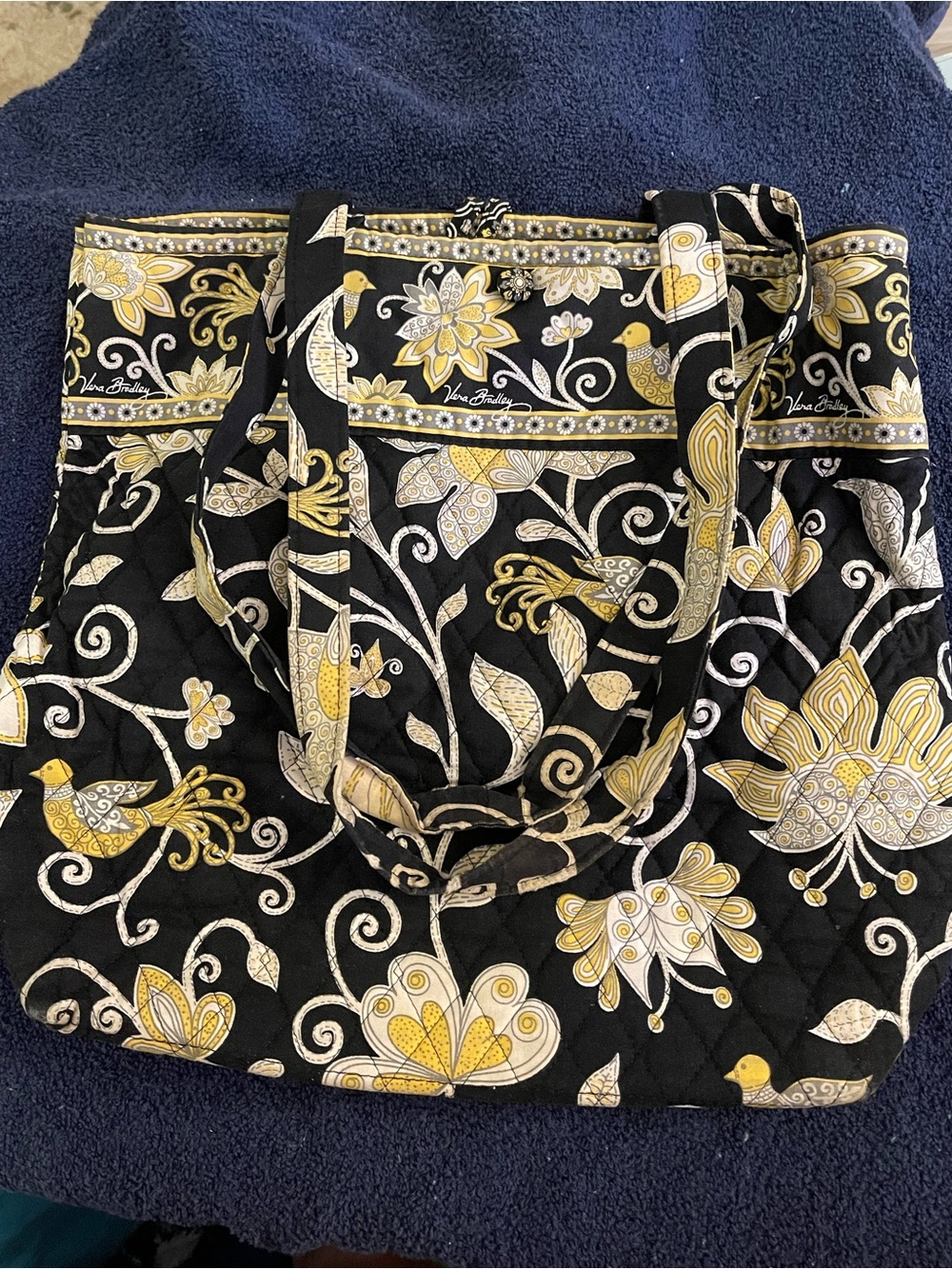 Vera Bradley Black, Yellow & Cream Quilted Floral Bird Tote